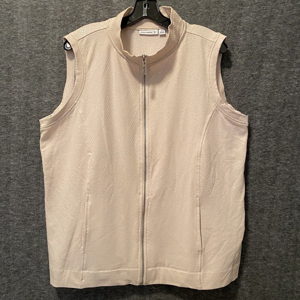 Susan Graver Jacket Vest Womens 1X Beige Sleeveless Sequin Full Zip Stretch‎